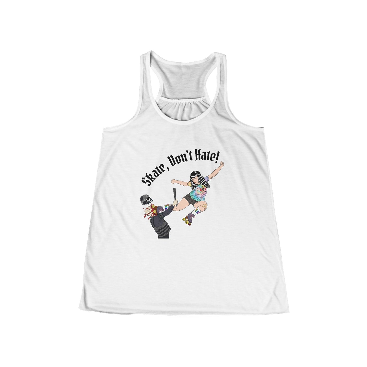 Women's Flowy Racerback Tank with 'Skate Don't Hate' Design, Perfect for Skate Enthusiasts, Summer Vibes, Casual Wear, Activewear, Gift Idea